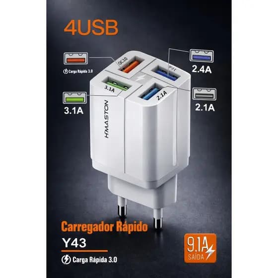 H'maston Y43 Carregador 4USB Saída 5V2A Entrada 100-240V Aprovado Pela ANATEL Qualidade Original do Produto Garantida