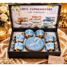 Jogo 6 Xícaras de Café com 6 Pires Luxo Dourada Floral Kit Presente Elegante
