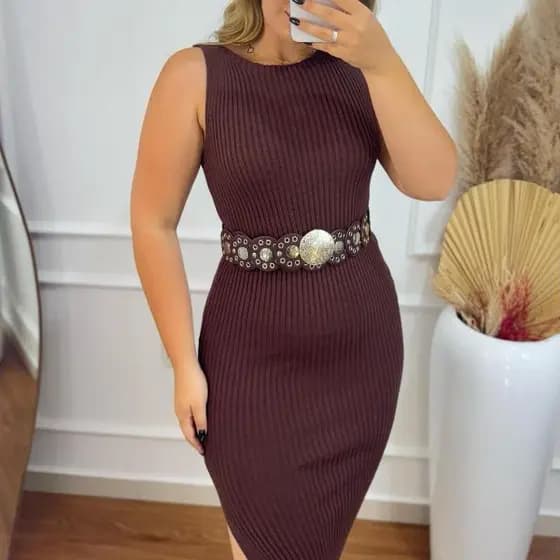 Vestido Canelado Modal Tricot Feminino Com Fenda