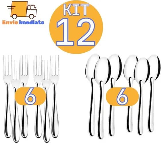 Conjunto de Talher de Aço Inox  6 Garfos Sobremesa + 6 Colheres Sobremesa Chá  para Restaurante Bar Buffet