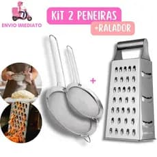 Kit 2 Peneiras com Ralador 100% Inox para Legumes Arroz Farinha Cozinha Restaurantes Buffet Casa Bar