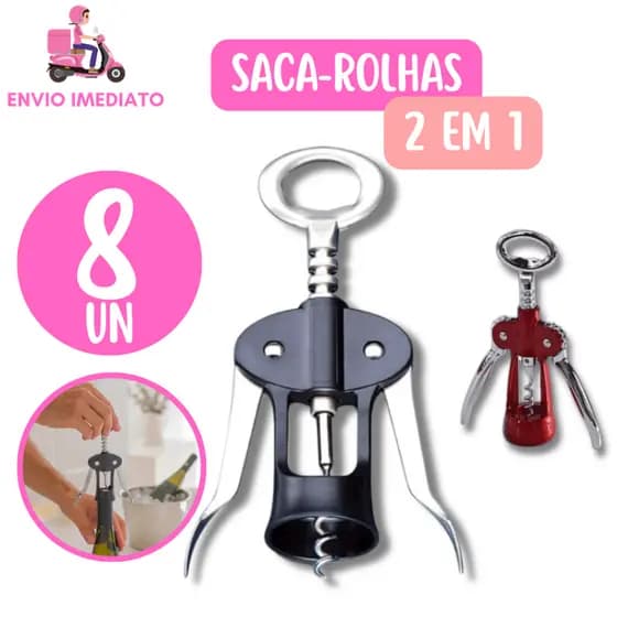 8 Saca Rolhas Abridor de Garrafa Inox 2 em 1 Reforçado Manual para Casa Cozinha Adega Vinícola Bar