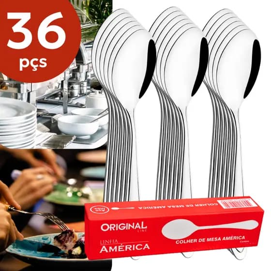 Kit 36 Colheres de Mesa Inox América Original Line - Talheres para Buffet e Restaurante