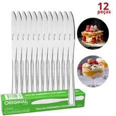 Jogo Faca de Sobremesa Aço Inox  Kit C/12pçs Continental Talheres de Sobremesa Cozinha Faqueiro