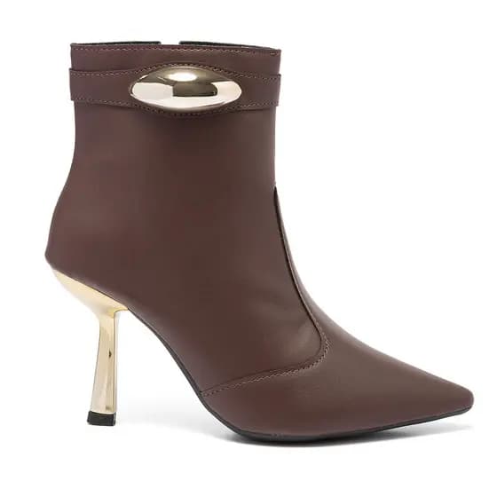 Bota Feminina Cano Curto Stessy Shoes Bico Fino Efeito Lesma Salto Metalizado Cromado Chic Luxo Leve