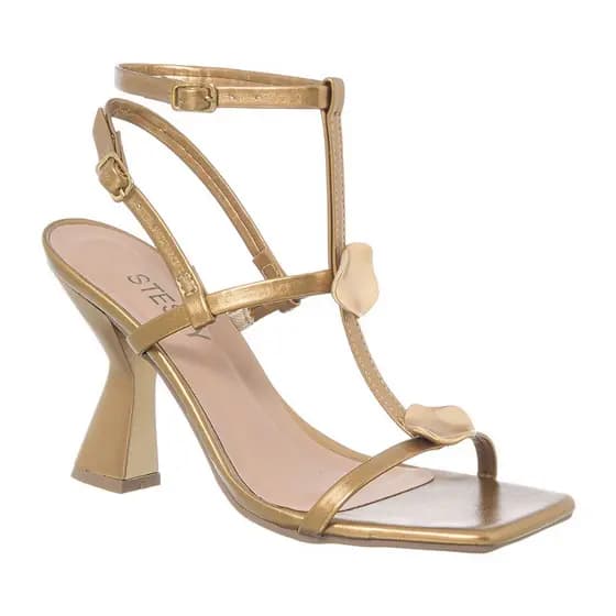 Sandália Feminina Salto Alto Geométrico Enfeite Orgânico Metalizado Ouro Elegante Confortável