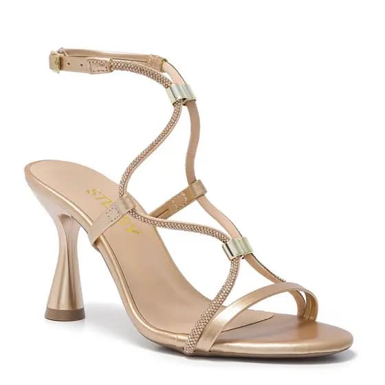 Sandália Feminina Salto Alto Flare Metalizado Strass Luxo Festa Glamour Confortável Original Moda