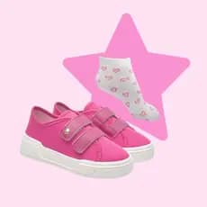 Kit Tênis + Meia Infantil Feminino Casual Confortável Rosa Com Meia Estampada Corações Promoção