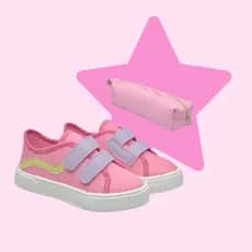 Kit Tênis + Estojo Infantil Feminino Rosa Com Detalhe Colorido Casual Confortável Velcro Escolar