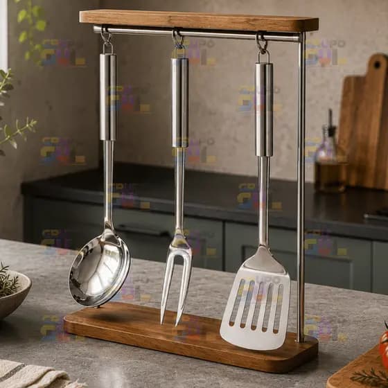 Kit Utensílios de Cozinha 3 Peças 100% Aço Inox Espatula Vazada Garfo Tridente Colher Arroz