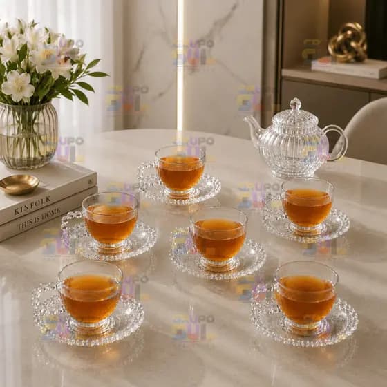Jogo de Xícaras COM PIRES 12 Peças 220ML Bubly Perola Cafe Cha Conjunto de Mesa Vidro