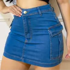 Saia cargo Jeans feminino com lycra (estica) duas cores, cintura alta