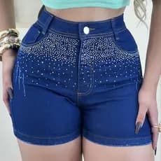 Short Jeans com brilho feminino, customizado com lycra (estica) três cores, cintura alta