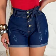 Short Jeans com elástico feminino com lycra, cintura alta, com elástico na cintura, duas cores
