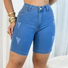 Short Jeans pedal feminino, com lycra (estica) três cores, cintura alta
