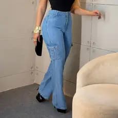 Calça Wide Leg Jeans cargo feminino com Cintura Alta, patalona