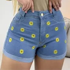 Short jeans feminino com bordado girassol, cintura alta, duas cores