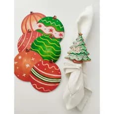 KIT MESA POSTO NATAl  6 ANÉIS DE GUARDANAPO+6 PORTA COPOS- ARVORE DE NATAL E DECORAÇÃO