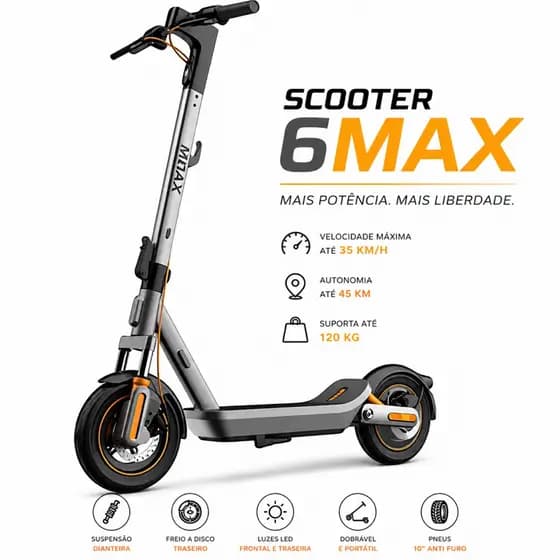 Patinete Elétrico Scooter 6 Max 1100W 12" 45W Cinza 70km autonomia 150kg Patinete Scooter Trabalho Passeio