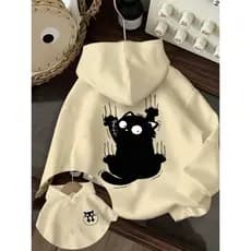 Blusa Frio Casual e Elegante para Mulher com Design de Gato Preto Bolso Canguru e Capuz Pulover Estiloso Outono