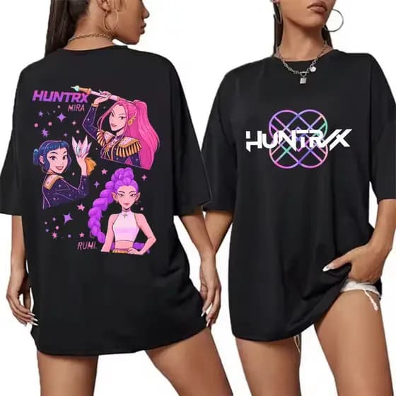 Tendencia Camiseta Camisa 100%Algodão Casual Guerreira Kpop  Desenho Musical Estiloso Huntrax Girls Lindo Lançamento