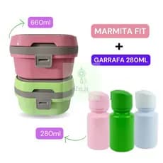 marmita com divisória e garrafa de água - lancheira kids escolar 660ml, kit economico pote hermético
