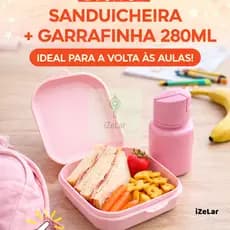 Sanduicheira Infantil e Garrafa de Água 280ml Lancheira Escolar Kids Porta Lanche Pão, Kit Economico