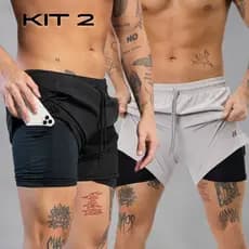 Kit 2 Bermudas de Compressão masculina com bolso interno shorts academia Luzzoo 2 em 1 com bolso para celular treino