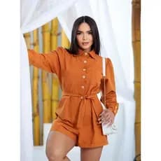 ana@fu.Macacão Curto Feminina Manga Longa Com Botoes Cordinha de Amarro Moda Feminina