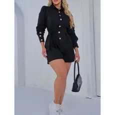 ana@fu.Macacão Curto Feminina Manga Longa Com Botoes Cordinha de Amarro Moda Feminina