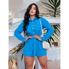 Texido.linho..Macacão Curto Manga Longa Com Botoes Cordinha de Amarro Moda Feminina