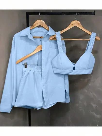 Conjunto 3 peças: casaco de manga longa, top faixa, 1 short.