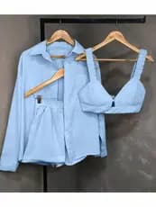 Conjunto 3 peças: casaco de manga longa, top faixa, 1 short.