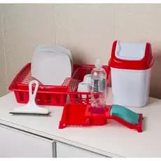 Kit Cozinha Lixeira Pia + Porta sabão + Rodinho + Escorredor de Louças Preto- Plasconex