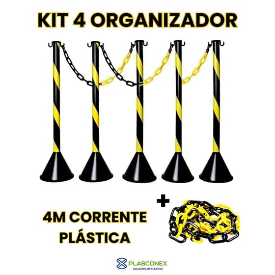 Kit 4 Pedestais Plástico Preto/Amarelo com Corrente P para Sinalização