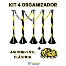 Kit 4 Pedestais Plástico Preto/Amarelo com Corrente P para Sinalização