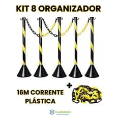 Kit 8 Pedestais Plástico Preto/Amarelo com Corrente P para Sinalização