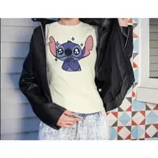 Camisa Feminina Stitch Tshirt Branca Girassol Estampada Básica Fofa Disney Baby look Stich algodão Blusinha Stith Gola Redonda Desenho Babylook Alternativa Camiseta Da Moda Lançamento Blogueira Blusa Gringa t shirt Roupa Kit Personagens Basica Estampa