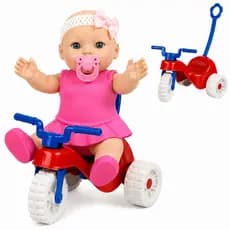 Boneca Vestido com Motoca e Acessórios Infantil Pequena Reborn com Triciclo