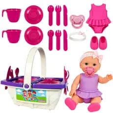 Boneca Vestido Cesta de Piquenique Infantil 10 Acessórios