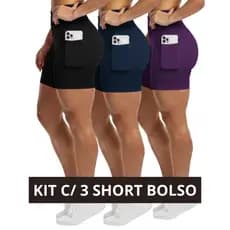 Kit 3 Shorts Bermuda Feminina com Bolso Suplex Academia Treino Cintura Alta Zero Transparência Grossa Lipo Ginástica