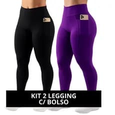 Kit 2 Calças Legging Feminina Academia Com Bolso Lateral Suplex Grosso Zero Transparência Cós Alto