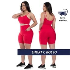 Short Feminino Academia com Bolsos Cintura Alta Fitness Premium Zero Transparência