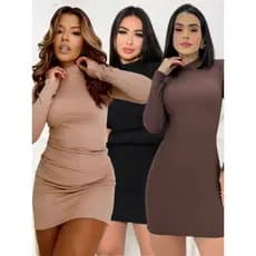 Vestido Curto Manga Longa Gola Alta Tubinho Moda Inverno Suplex