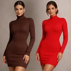 Vestido Curto Manga Longa Gola Alta Tubinho Canelado