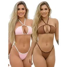 Biquini Fio Dental Cortininha Fita Bronze com Regulagem
