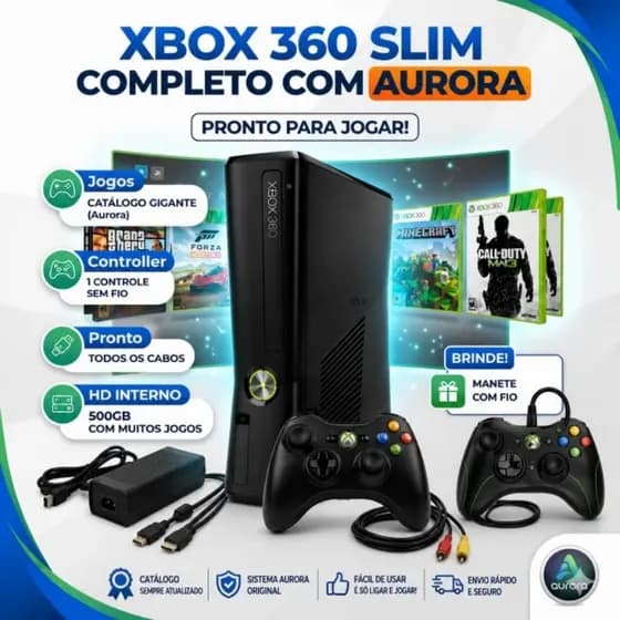 XBOX 360 COMPLETO COM AURORA+ CONTROLE+FONTE