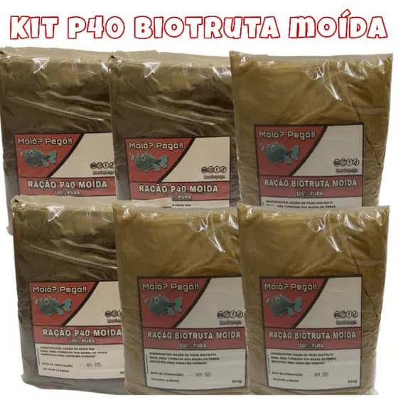 Ração Biotruta Moída + Ração P40 Moída para pesca Tilápia, Tambaqui, Pacu, Carpas. Kit Ração Moída Moiô Pegô.