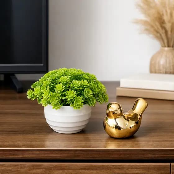 Kit Decorativo Elegante Dourado Vasinho Planta Artificial Decoração Rack Enfeite Sala
