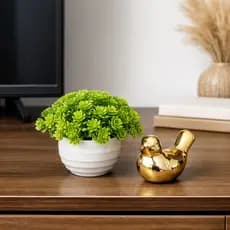Kit Decorativo Elegante Dourado Vasinho Planta Artificial Decoração Rack Enfeite Sala